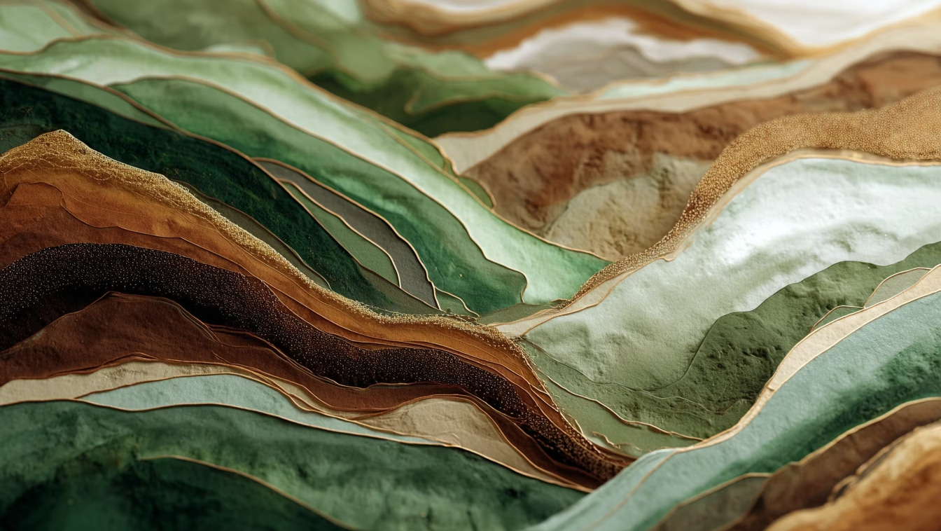 Paysage abstrait en couches de vert, terre et or